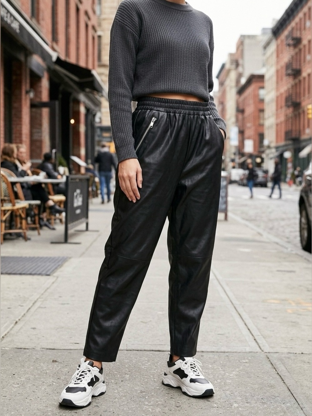 ASOS DESIGN Black Faux Leather Tapered Jogger Pants Size 12 Zipper Pockets - Picture 3 of 11